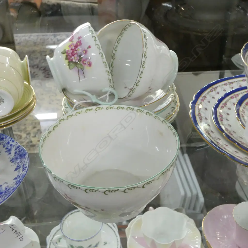 3 SHELLEY CHINA CSPS & SUGAR BOWL BLOSSOM PAT TOGETHER WITH SHELLEY CHINA C/SUGAR CAKE PLATE & CSP WILD ROSE PAT Image 1++