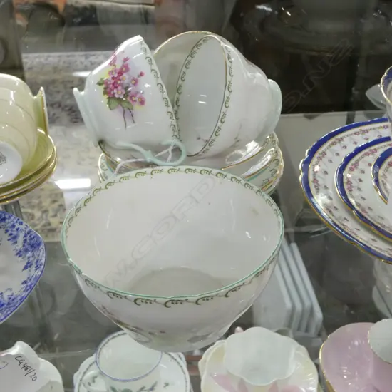 3 SHELLEY CHINA CSPS & SUGAR BOWL BLOSSOM PAT TOGETHER WITH SHELLEY CHINA C/SUGAR CAKE PLATE & CSP WILD ROSE PAT