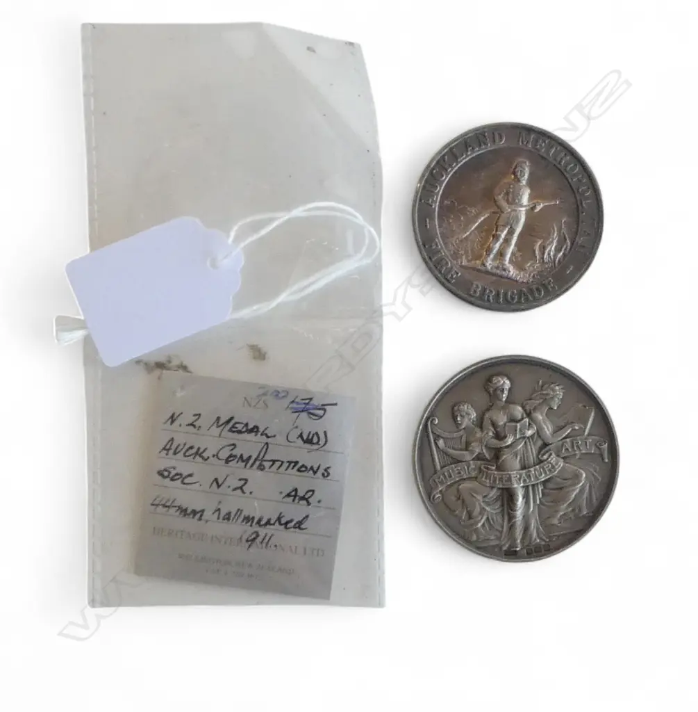 2 NZ SILVER ? COMMEMORATIVE MEDALS/MEDALLIONS. 'Auckland Competitions Society' Music Literature Art + Auckland Fire Brig Image 1++