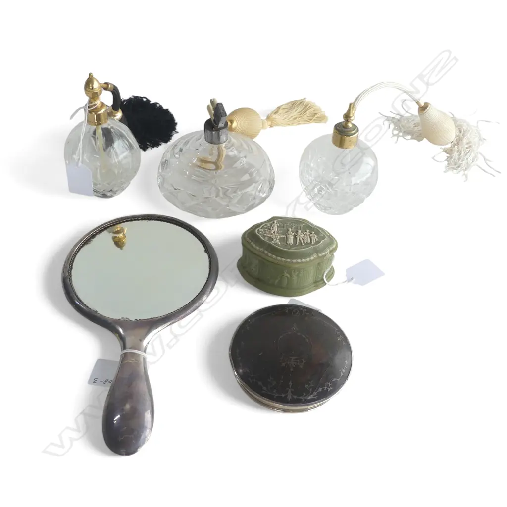 VANITY TABLE ITEMS; 3 PERFUME BOTTLES, S/P HAND MIRROR, MARLESTONE JEWELLERY BOX & SILVER & TORTOISE SHELL TOP 38gm Image 1++