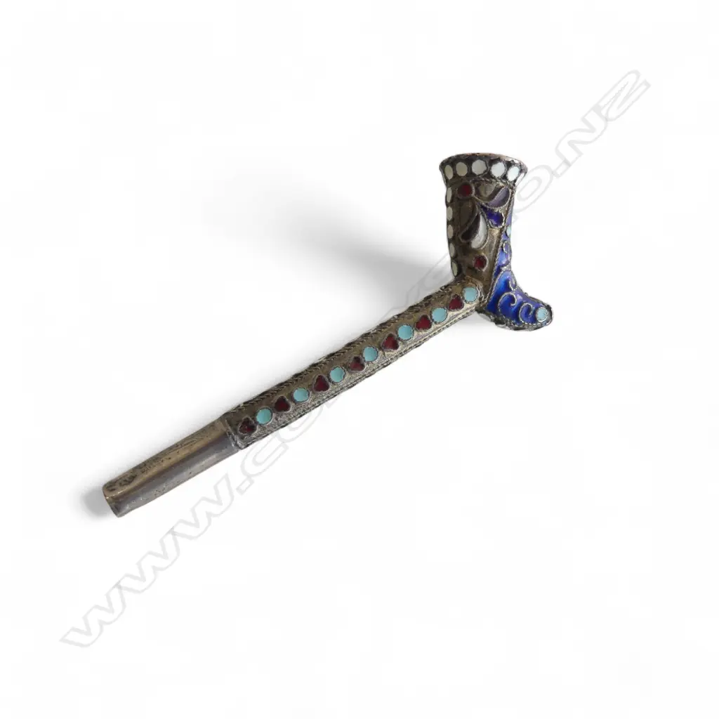 RUSSIAN SILVER & ENAMEL OPIUM PIPE L.85mm 13gms Image 1++