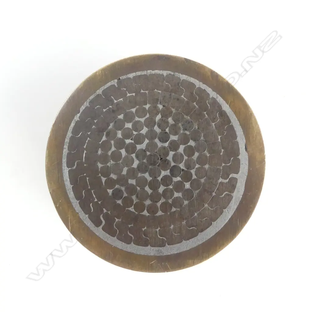 BRASS & STEEL DISC PAPERWEIGHT section from old multi wire cable w bronze exterior Dia.65mm Image 1++