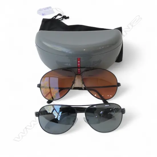2 AVIATOR SUNGLASSES; PRADA & SERENGETI, BOTH CASED