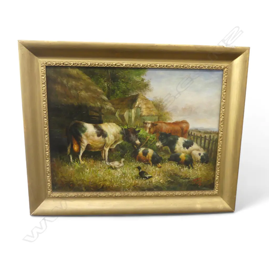 FARMYARD SCENE, OIL ON BOARD, SIGNED LFS 295x395mm Image 1++