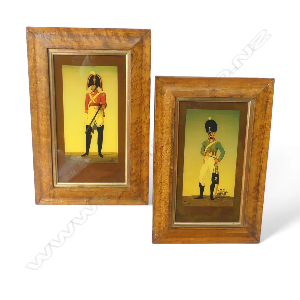 2 18thC BRITISH OFFICERS OFFICERS ON GLASS vaneer faults to one 285x155mm Image 1++