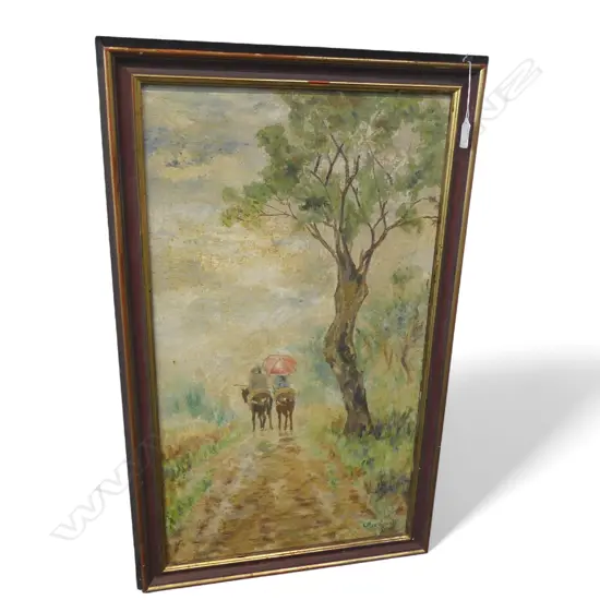 F. LUJACONO TRAVELLERS ON THE ROAD 1879, OIL ON PANEL 680x380mm