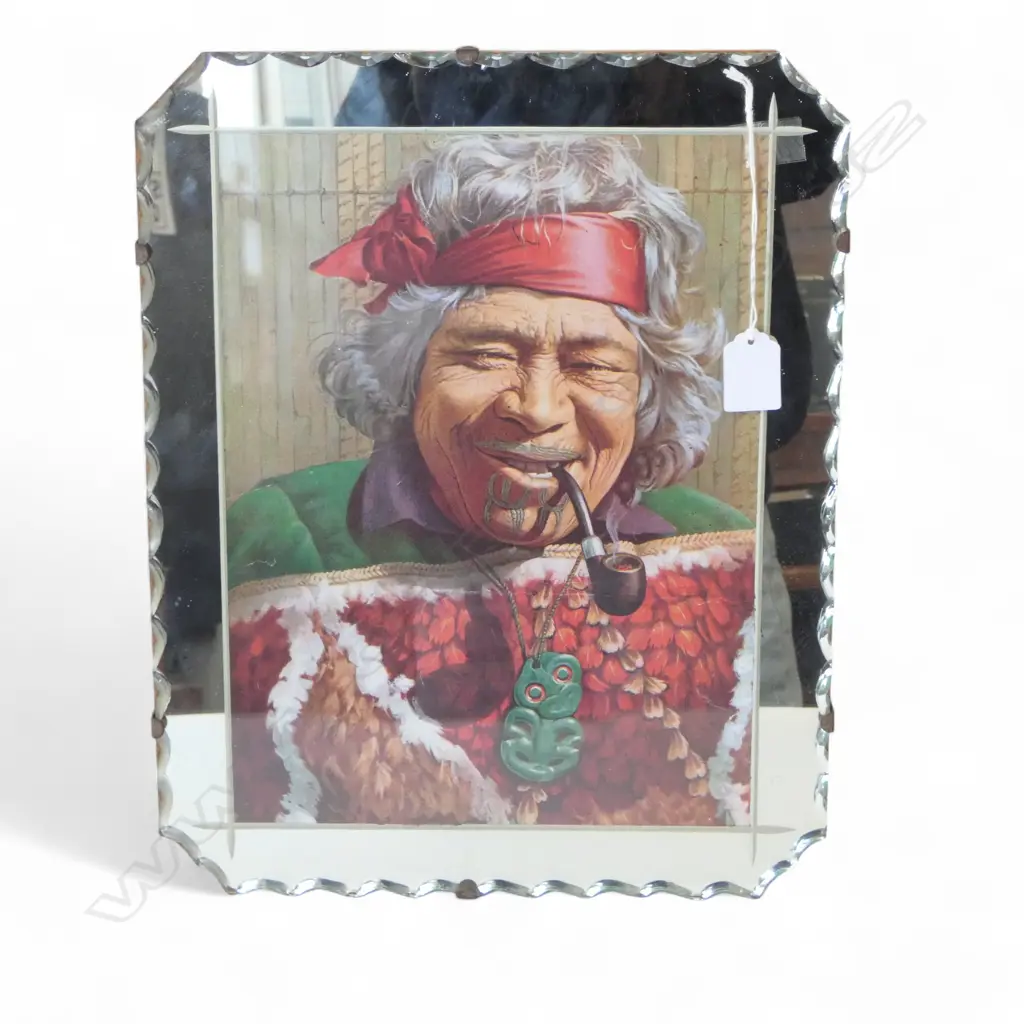 VINTAGE MIRROR w. OLD MAORI WOMAN PRINT 380x305mm Image 1++