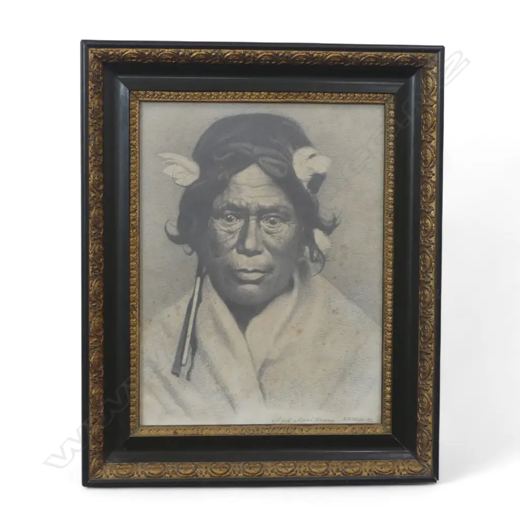 E. M. WAITE 'AGED MAORI WOMAN' 1886 CHARCOAL & PENCIL ON PAPER 355x270mm FOXING Image 1++