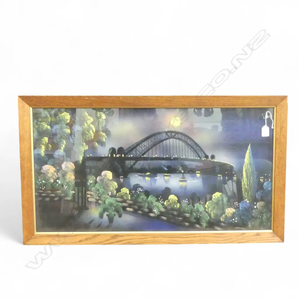 VINTAGE PAINTING ON BLACK VELVET SYDNEY HARBOUR BRIDGE under moonlight 420 x 800mm in oak frame Image 1++