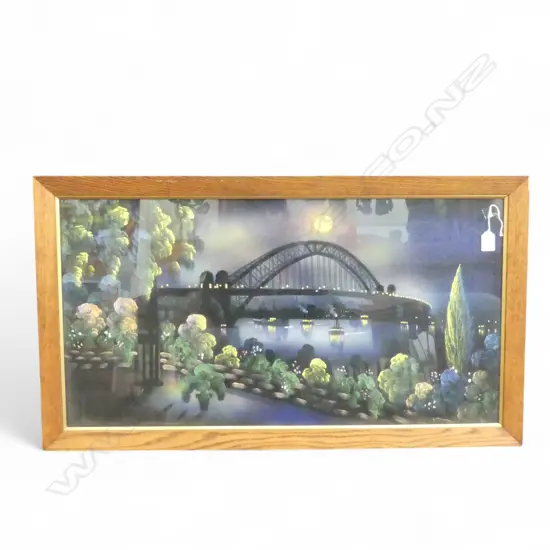 VINTAGE PAINTING ON BLACK VELVET SYDNEY HARBOUR BRIDGE under moonlight 420 x 800mm in oak frame
