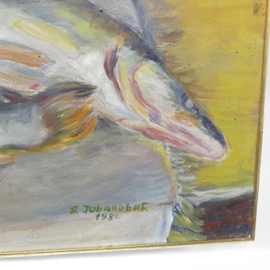 20thC STILL LIFE OF FISH 1981, OIL ON CANVAS, SIGNED INDISTINCTLY, 585x790mm Image 1++