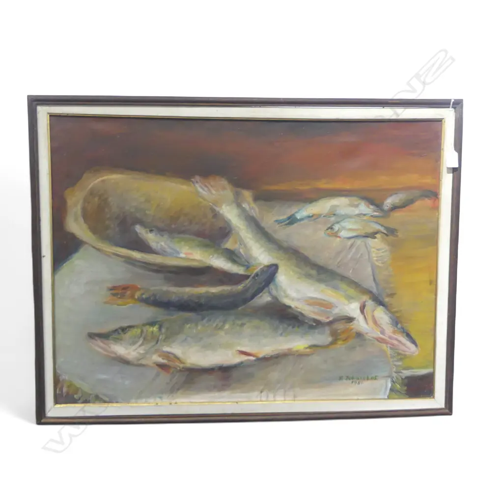 20thC STILL LIFE OF FISH 1981, OIL ON CANVAS, SIGNED INDISTINCTLY, 585x790mm Image 1++