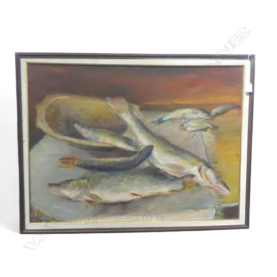 20thC STILL LIFE OF FISH 1981, OIL ON CANVAS, SIGNED INDISTINCTLY, 585x790mm