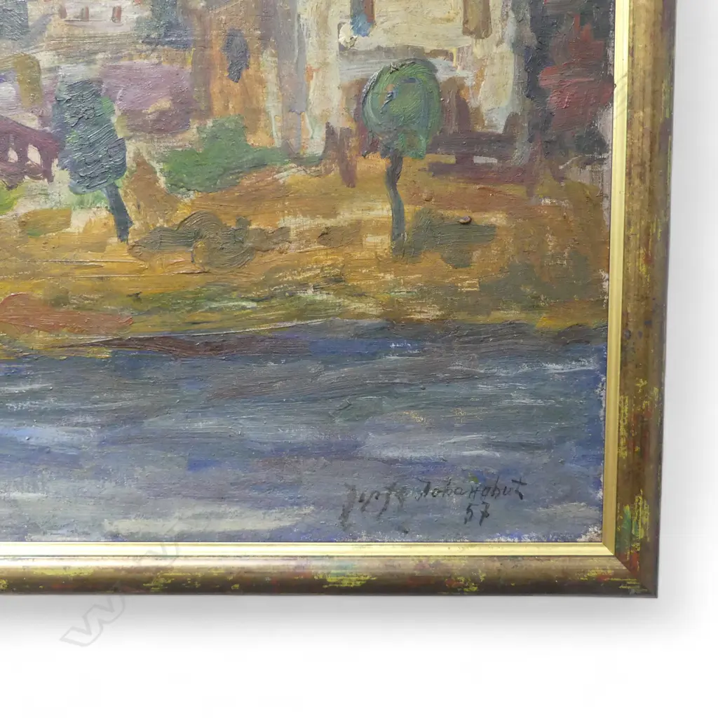 20thC EUROPEAN VILLAGE SCENE 1957, OIL ON CANVAS, INDISTINCTLY SIGNED, 540x735mm Image 1++