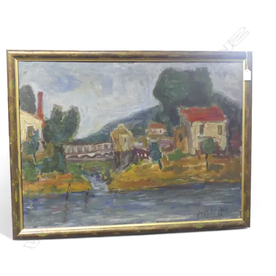 20thC EUROPEAN VILLAGE SCENE 1957, OIL ON CANVAS, INDISTINCTLY SIGNED, 540x735mm