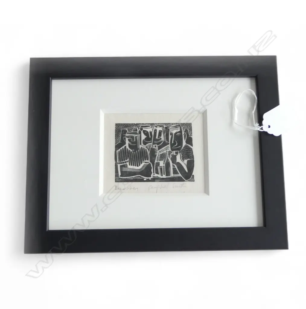 Campbell Smith (NZ1925-) woodcut 'Bar Jokers'. Signed & entitled. 75 x 95mm. Ex. The John Perry collection... Image 1++