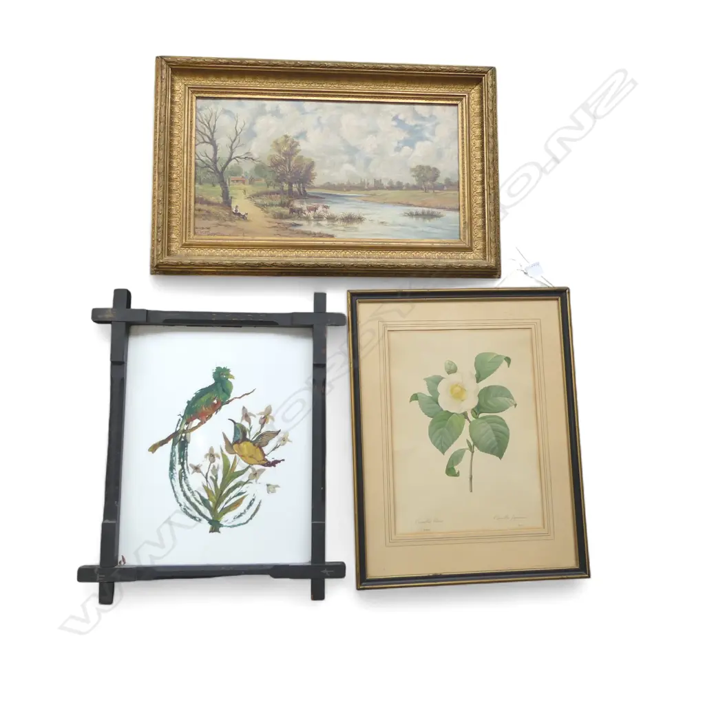 3 ARTWORKS; A. F. DEVEAUX LANDSCAPE OIL ON BOARD 240x450mm, CAMELLIA PRINT, BIRD OIL ON PANEL Image 1++