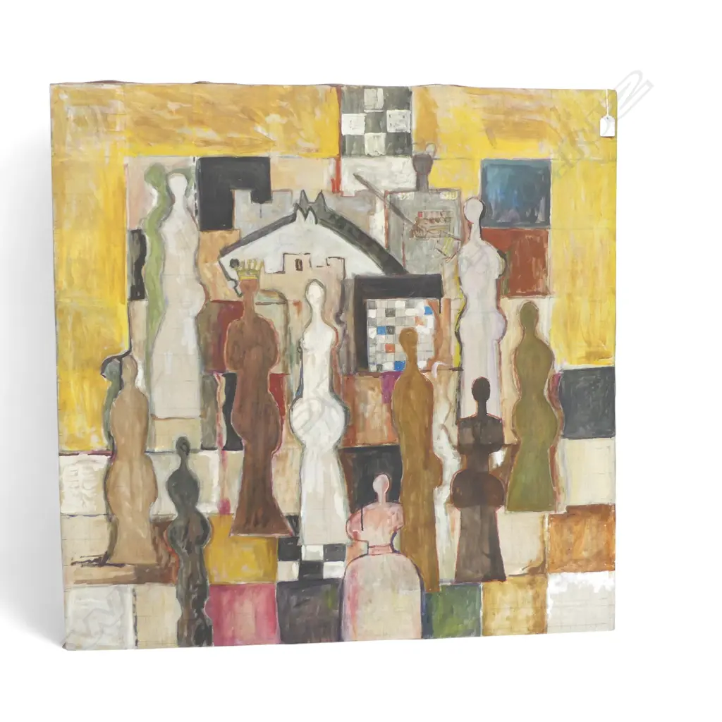 20TH CENTURY, STILL LIFE WITH CHESS PIECES, OIL ON CANVAS 950 X 950 mm  Image 1++