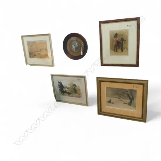 5 ART WORKS; 2 LANDSCAPE WCs, 1913 PHOTO 95mm dia, SCOTS GUARDS PRINT, SIGNED LANDSCAPE ETCHING 200x280mm