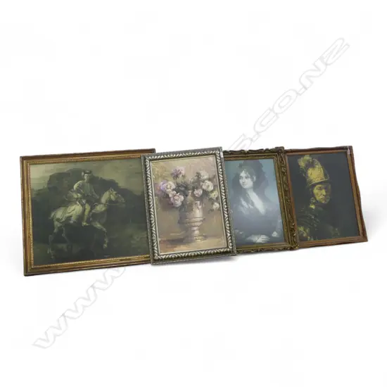 4 LG PRINTS; GOYA, REMBRANDT POLISH RIDER 630x740mm & MAN w. GOLDEN HELMET, FLORAL STILL LIFE ON CANVAS,