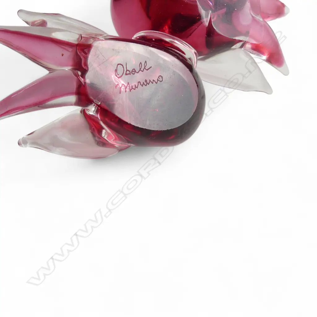 6 PCES ART GLASS; PR VASES H.150mm, 3 PINK MURANO BIRDS, PERFUME BOTTLE Image 1++