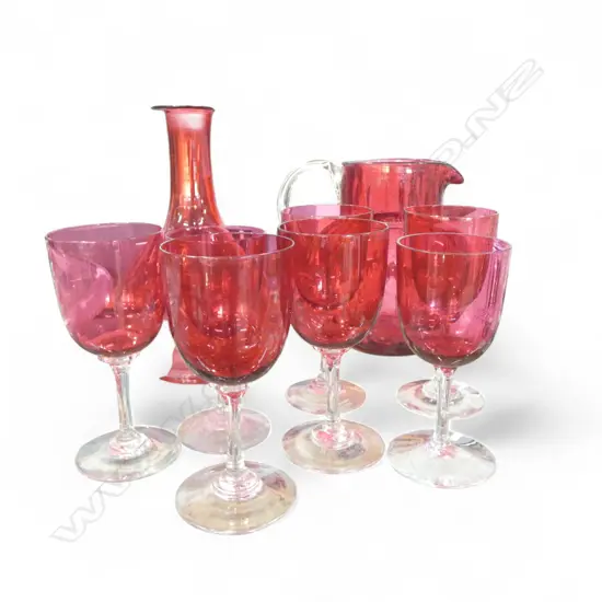 7 CRANBERRY GLASS PORT GLASSES, JUG & DECANTER (REPLACEMENT STOPPER) H.285mm