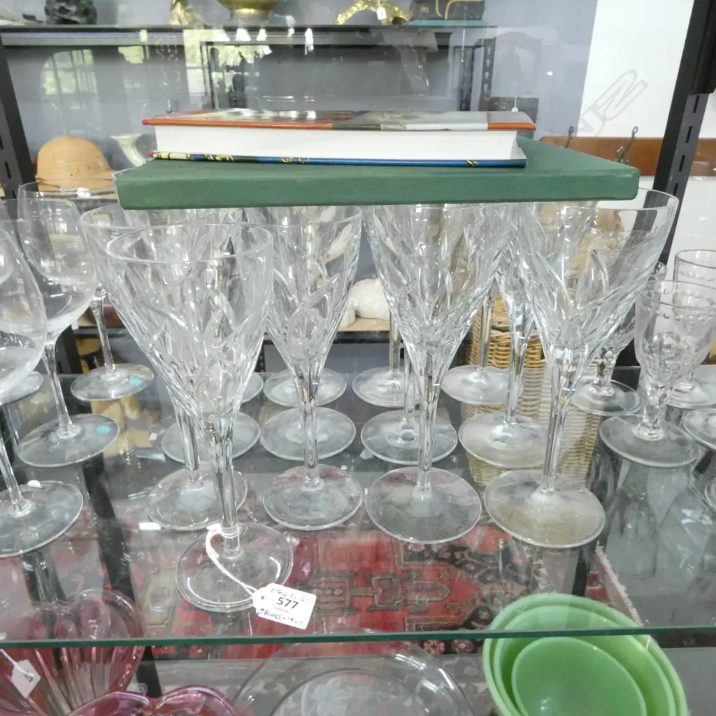 WATERFORD CRYSTAL WINE GLASSES - 10 LG 3 SLIGHTLY SHORTER. H.225mm + 2 BOOKS ON WATERFORD AREA Image 1++