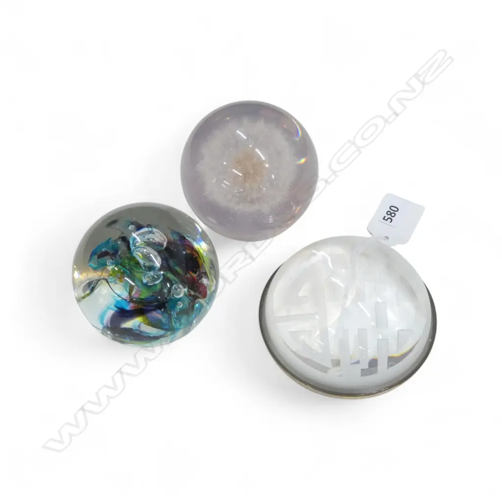 3 PAPERWEIGHTS; DE FLUTE ROTORUA, DANDELION RESIN, CHINESE DOUBLE HAPPY SYMBOL w. 925 SILVER TRIM 90mm dia Image 1++