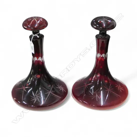 PR RED FLASHED CUT GLASS SHIPS DECANTERS H.285mm