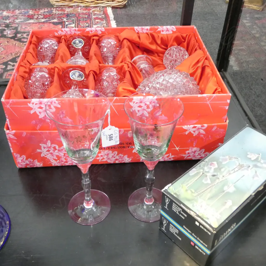 BOHEMIA CRYSTAL DECANTER & 6 SHERRY GLASSES + 3 ORREFORS WHITE WINE GLASSES, ALL BOXED Image 1++