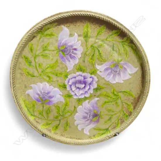 KEUM SUN LEE CHARGER HAND PAINTED PURPLE & GREEN FLORAL DESIGN, Dia.400mm