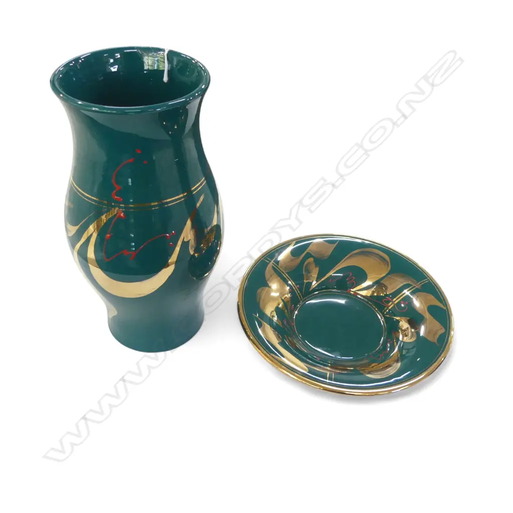 PETER COLLIS GREEN & GOLD VASE H.280mm & PLATE 220mm dia Image 1++