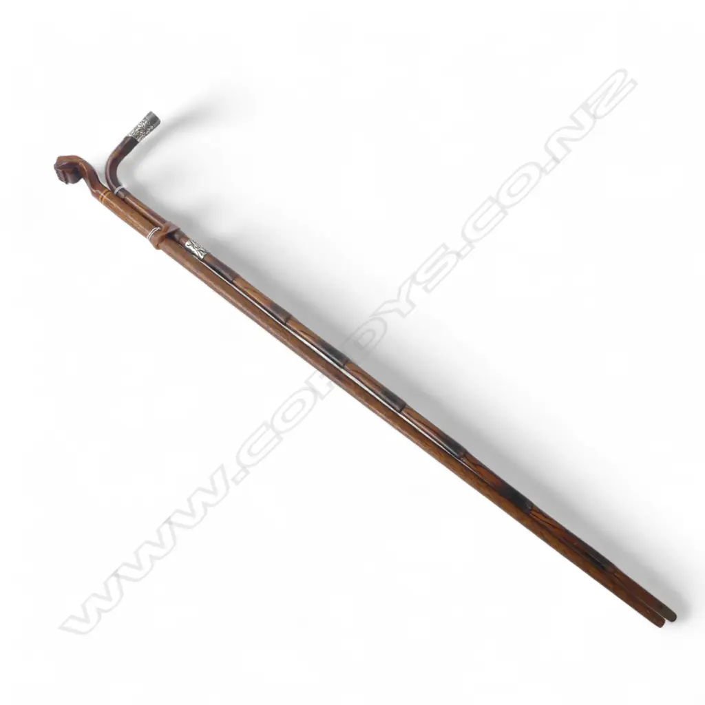 PITCAIRN ISLAND CLASPED HAND WALKING STICK L.955mm + WALKING STICK w. STG SILVER COLLAR & CAP  Image 1++