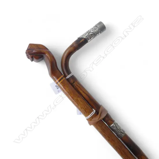 PITCAIRN ISLAND CLASPED HAND WALKING STICK L.955mm + WALKING STICK w. STG SILVER COLLAR & CAP 