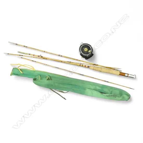 CUSTOM AMERICAN 3 PCE SPLIT CANE FISHING ROD w. SPARE TIP & MEDALIST REEL