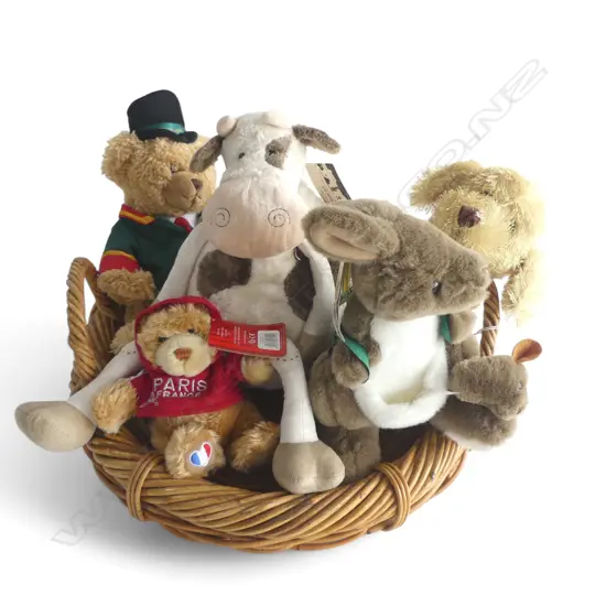 COLLECTION OF 6 STUFFED TOYS + CANE TRAY Dia.425mm including Kirkcaldie & Stains Wellington 10th charity bear