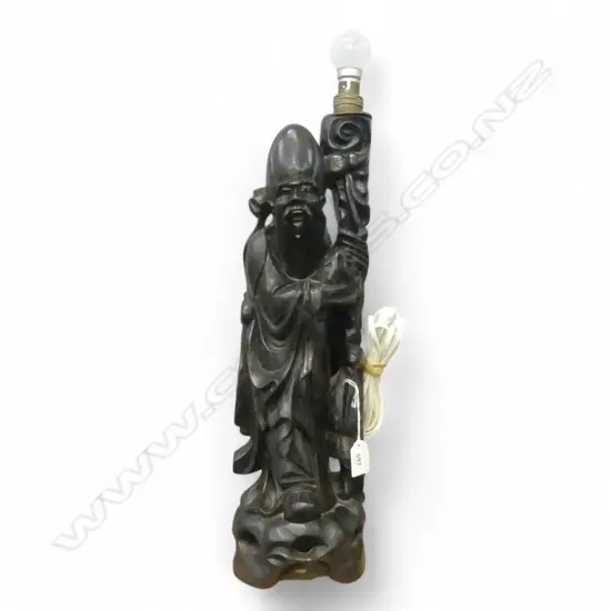 CARVED WOODEN TABLE LAMP, ORIENTAL FIGURE H.520mm