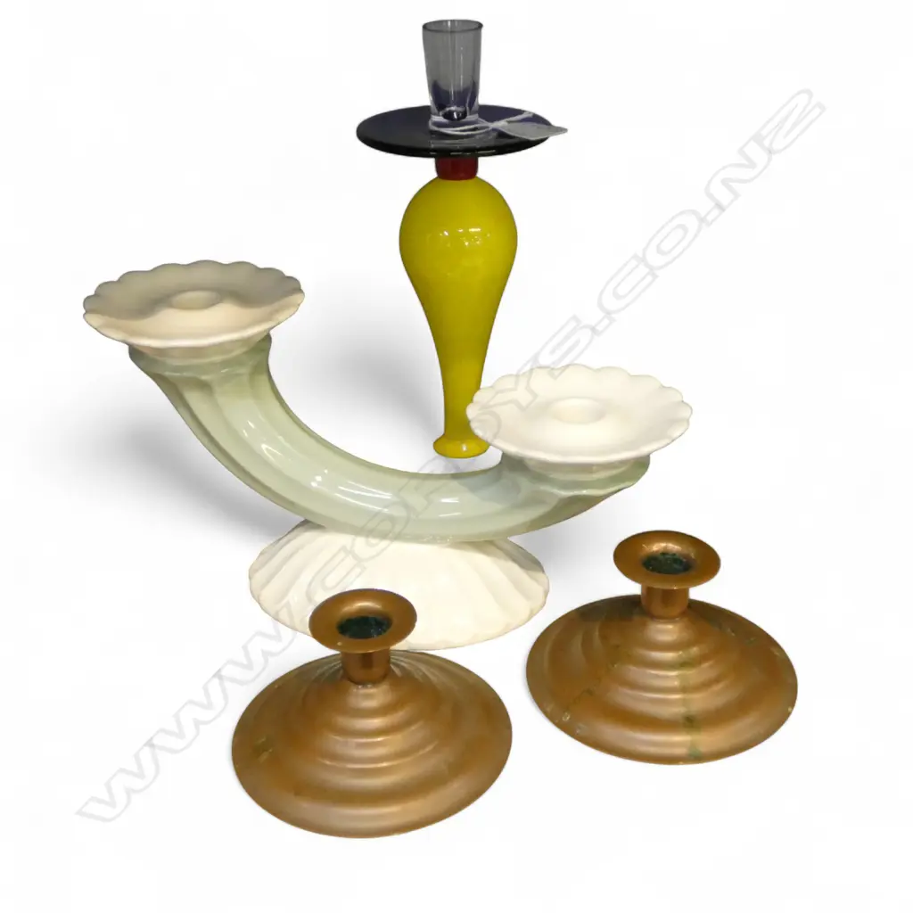 6 CANDLESTICKS; 2 METALS PRS, ROSENTHAL GLASS H.250mm, SPODE 'FORTUNA' Image 1++