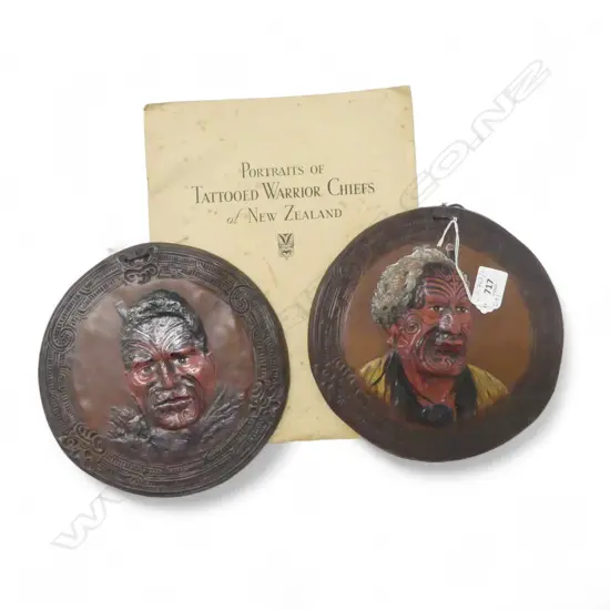 2 LEATHER MAORI PORTRAITS 210mm dia + BOOKLET 'PORTRAITS OF TATTOOED WARRIOR CHIEFS OF NZ' VICTOR MILLARD