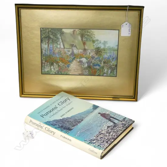 UNSIGNED MIXED MEDIA, COTTAGE 125x200mm + PARSONS' GLORY BOOK ON ANGLING