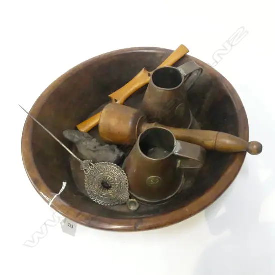 7 PCES; WOODEN BOWL 390mm dia, 2 COPPER MEASURES, ETC