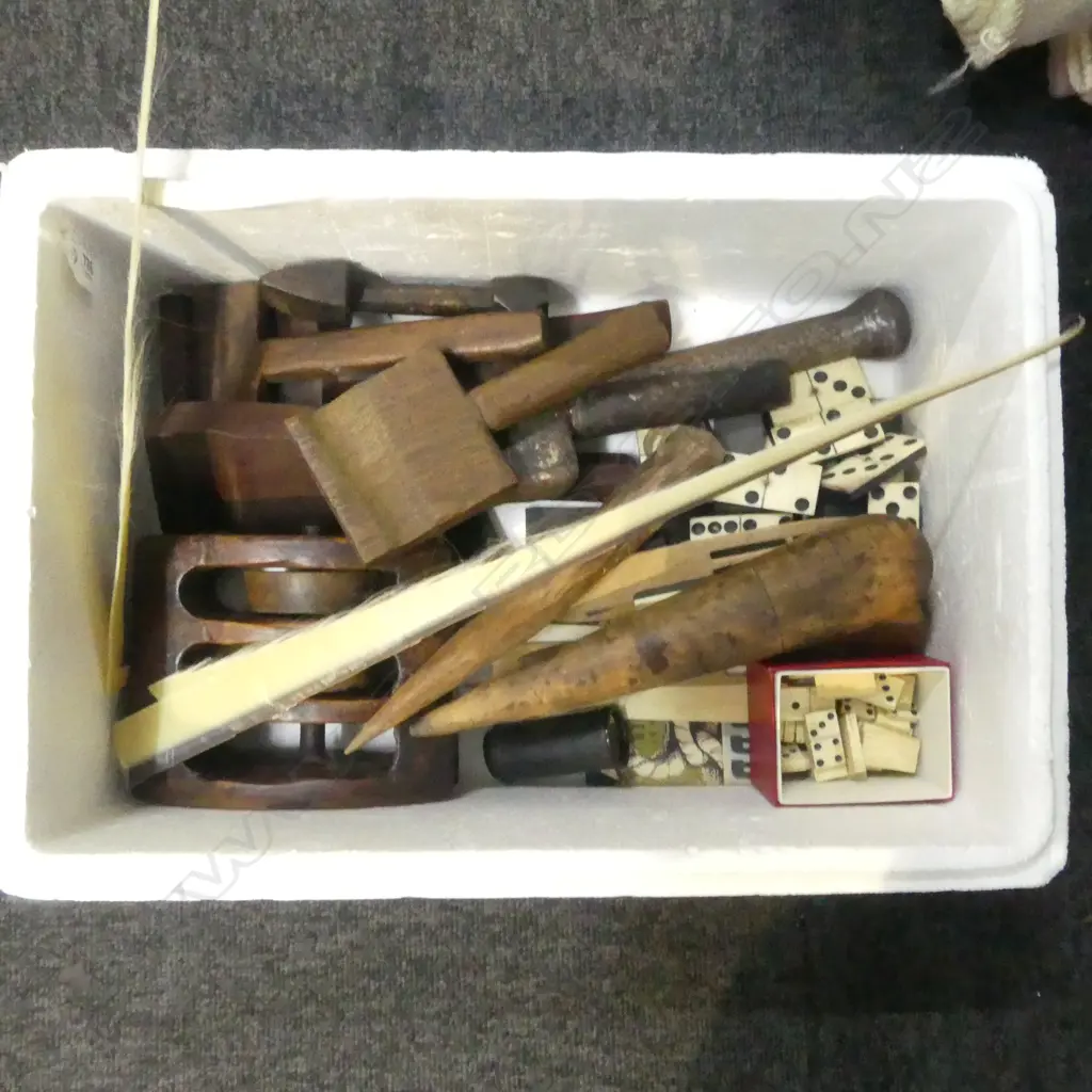 ASST. WHALING & MARITIME INTEREST ITEMS: Fids + 2 sets whalebone dominoes + baleen + 3 wheel pulley etc Image 1++