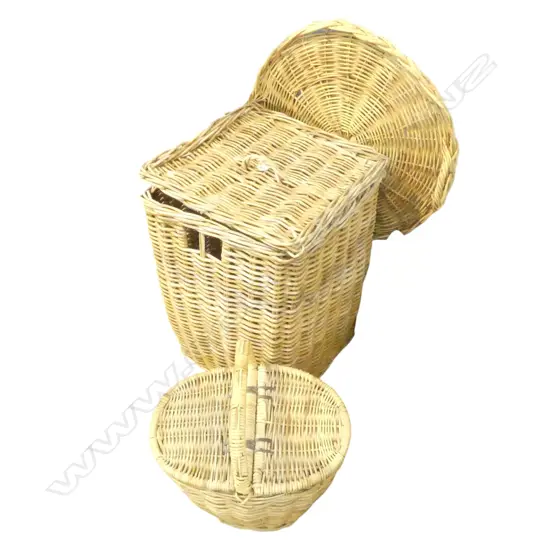3 PCES WOVEN WILLOW CANE; TRAY 660mm dia, WASHING HAMPER 490x490x700mm, PICNIC BASKET