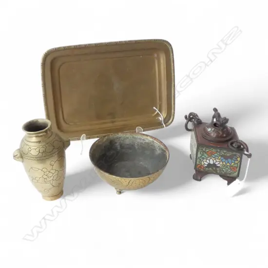 3 ORIENTAL BRASS PCES + CHAMPLEVE CENSER