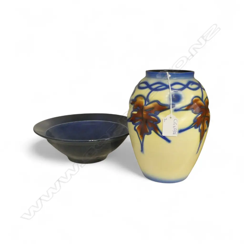 KENNETH CLARK BLUE BOWL 240mm dia, SWEDISH POTTERY VASE BY UPSALA-EKEBY H.200mm Image 1++
