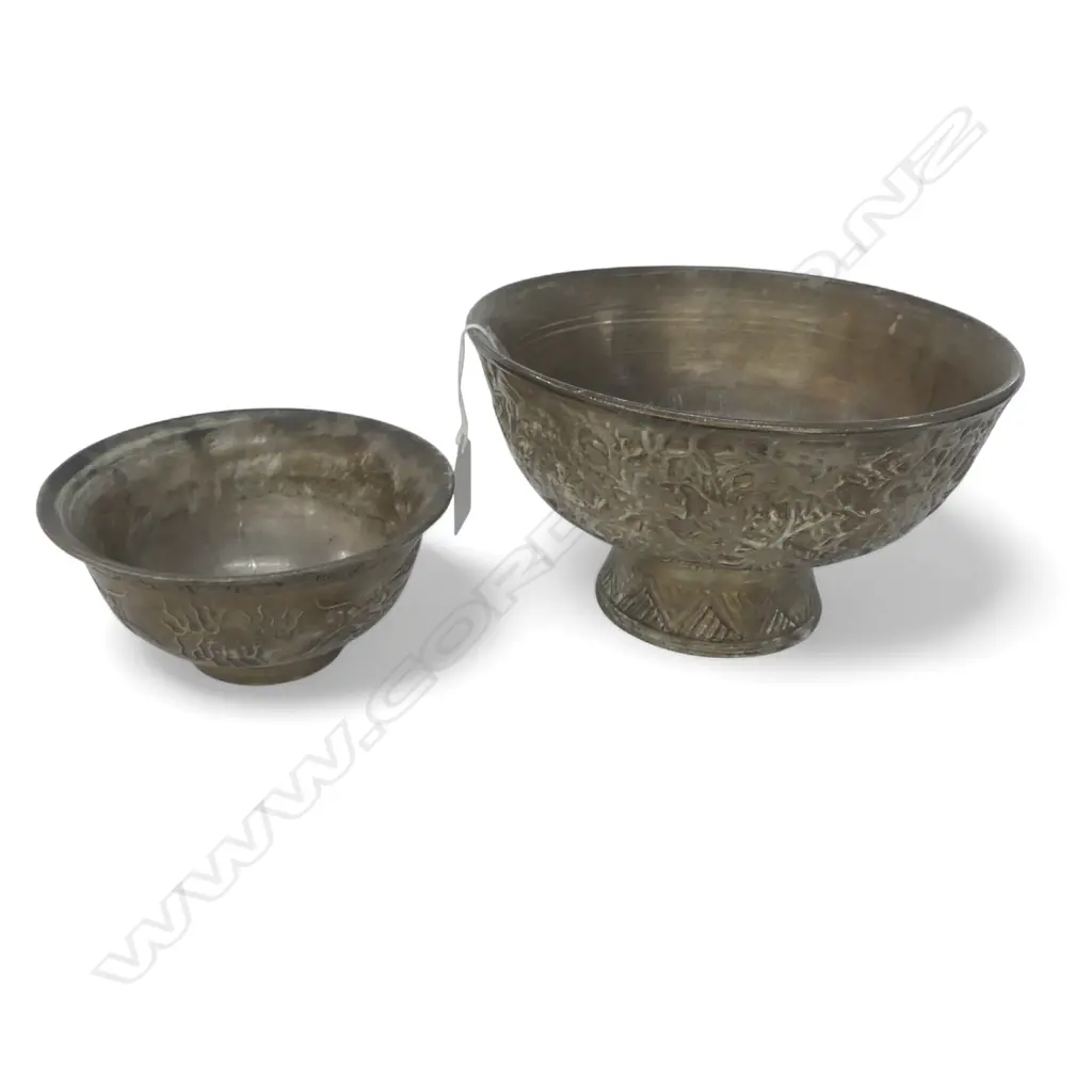 SILVER GLAZED CHINESE PORCELAIN FOOTED BOWL & SMALLER, BOTH RELIEF DRAGON DECORATED, QING SEAL MARKS Dia.200,140mm Image 1++