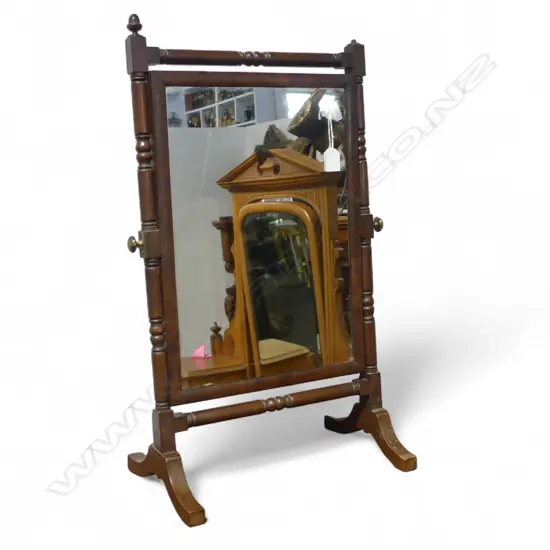 c.1900 MAHOGANY TOILET SWING MIRROR turned frame 1 acorn finial absent H.695mm