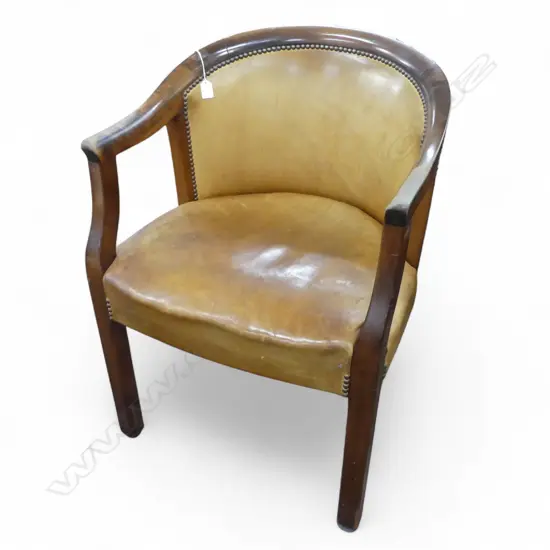 TAN LEATHER LIBRARY CHAIR, BEECH FRAME