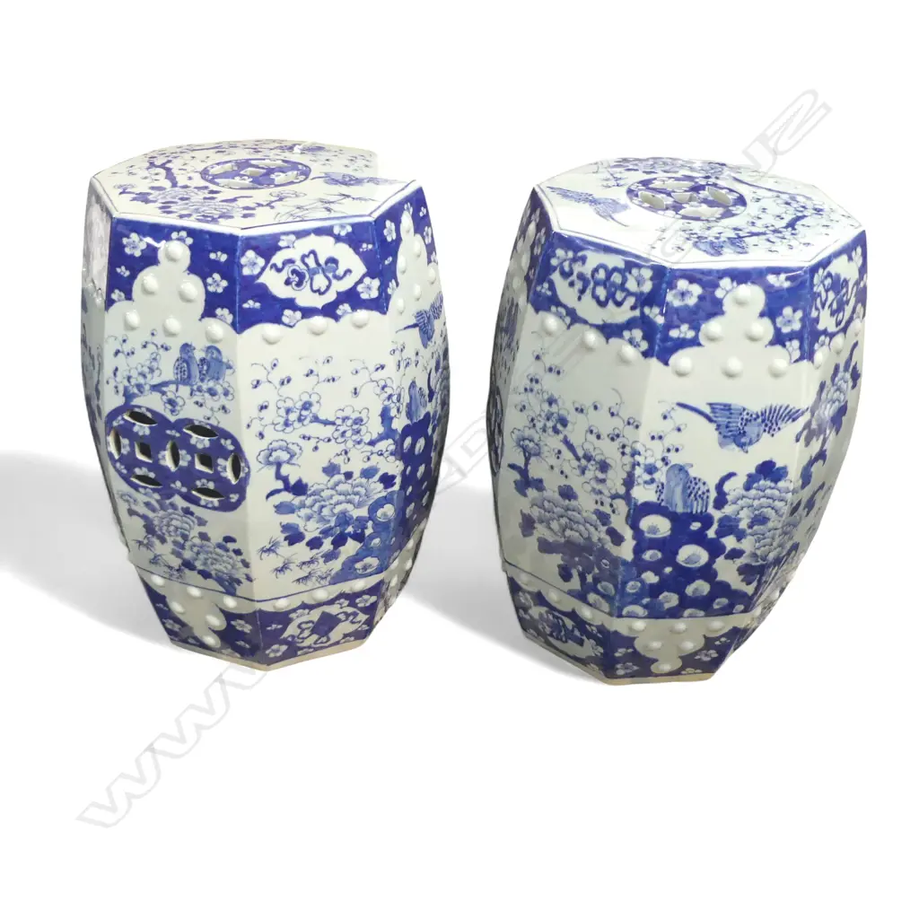 PR CHINESE OCTAGONAL B/W PORCELAIN GARDEN SEATS 320mm dia H.450mm Image 1++