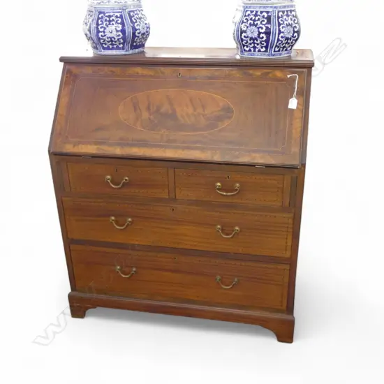 EDWARDIAN CROSS BANDED MAHOGANY FALL FRONT BUREAU BOOK CASE MISSING BOOKCASE